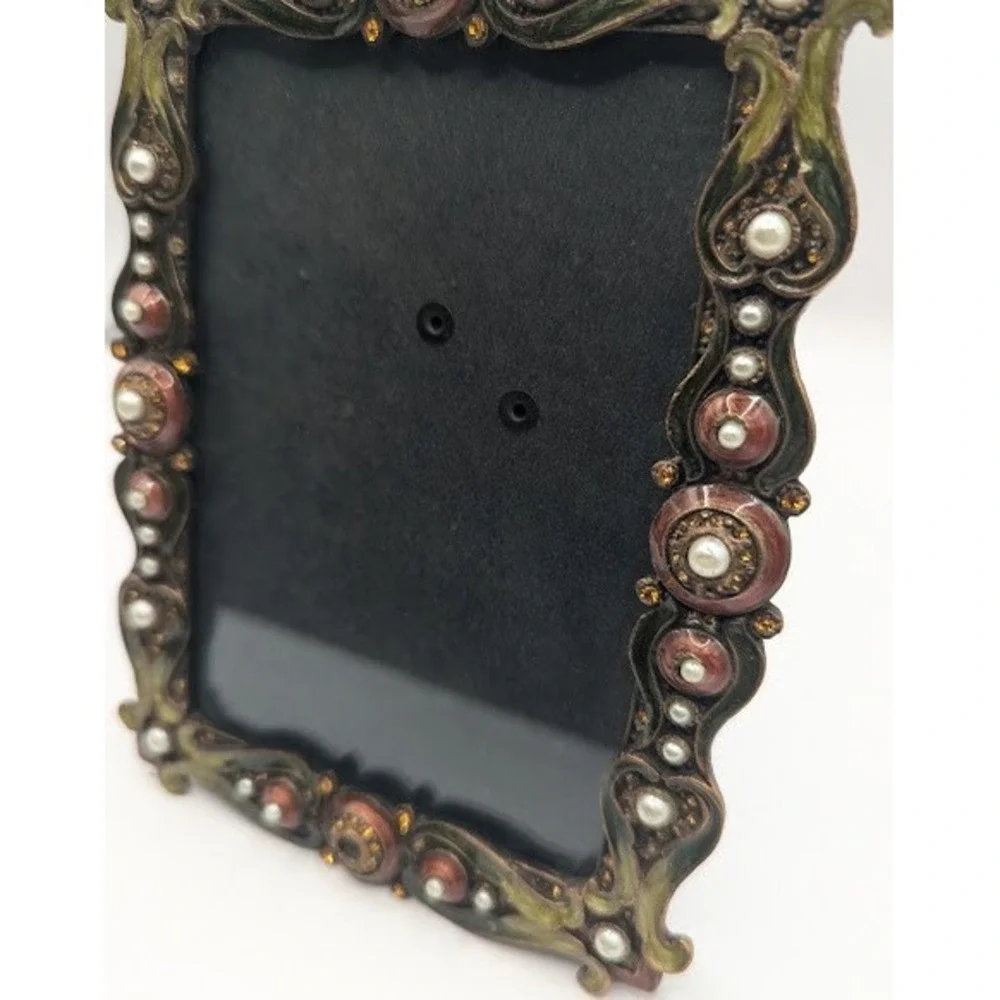 Vintage Ornate Jeweled Picture Frame Baroque Enamel Faux Pearl Crystal 4.5